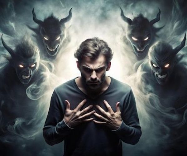 A young man stands in the center of the image surrounded by shadowy demonic figures with glowing ey _ Premium AI-generated image