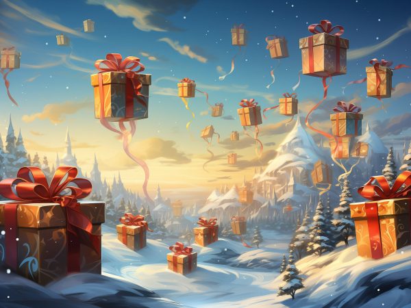 illustration of flying gift boxes, red gold green colour, village lights and white snow background, fantasy style --ar 3:2 --stylize 500 --v 5.2 Job ID: c0b321d7-e7e2-472f-bd67-bfa274046833